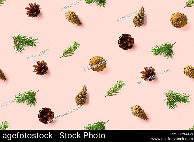 seamless christmas pattern from Pine cones, needles on pink background. modern pine cone christmas collage. Print for paper, fabric