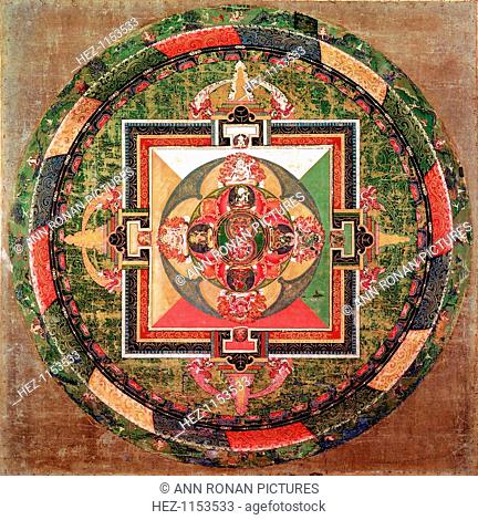 Tibetan Buddhist mandala. A mandala is a symbolic diagram used in meditation and in sacred ceremonies. From the British Museum