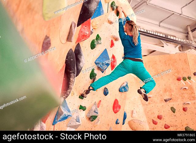 jump, sportswoman, bouldering, climbing gym