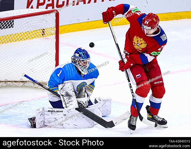 RUSSIA, ST PETERSBURG - DECEMBER 17, 2023: Kazakhstan's goaltender Nikita Boyarkin (L) and Russia 25's Ilya Safonov in action in their 2023 Channel One Cup ice...