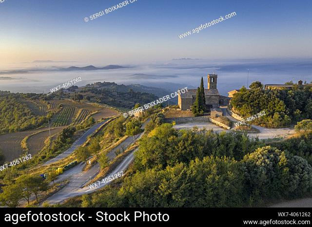 Sunrise in Castelladral with some morning fogs. Aerial views (NavÃ s, Catalonia, Spain)