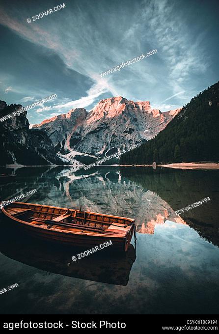 Lake Braies also known as Pragser Wildsee or Lago di Braies in Dolomites Mountains, Sudtirol, Italy. Romantic place with typical wooden boats on the alpine lake