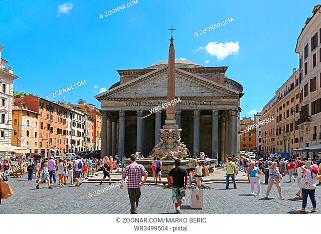 ROME, ITALY - JUNE 30, 2014: Bunch of Tourists in Front of Pantheon Roman Temple Church Landmark in Rome, italy