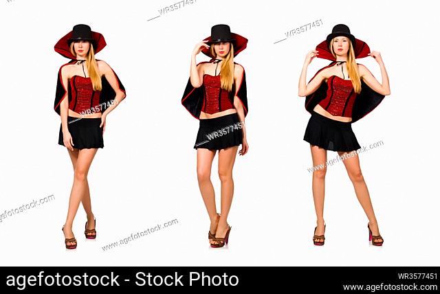 Woman magician isolated on white
