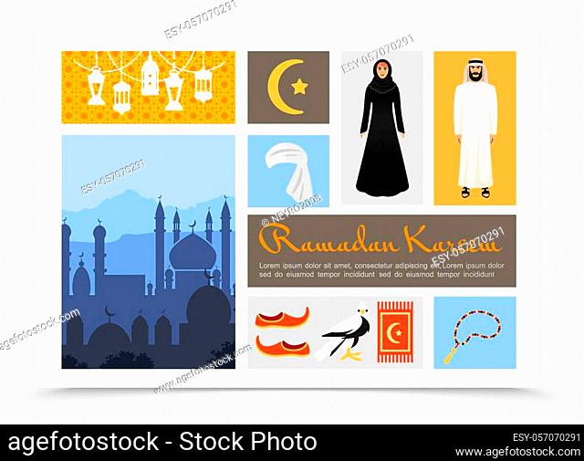Flat Arabic culture composition with Ramadan Kareem lanterns muslim man and woman Islam symbol rosary keffiyeh falcon traditional shoes night arab cityscape...