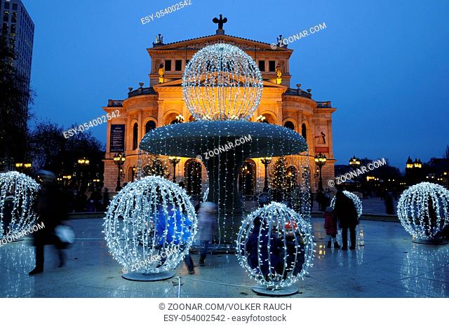 Alte Oper, Frankfurt, weihnachten, brunnen, weihnachtsschmuck, advent, alt, oper, opernhaus, gebäude, hessen, deutschland, brd, architektur, licht, beleuchtung