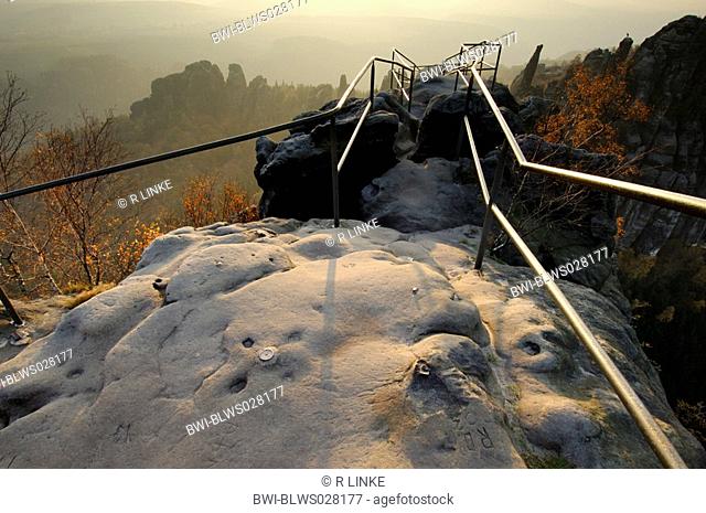 protected rock gangway to a scenery point in NP Saxon Switzerland, Germany, Saxony, National Park Saechsische Schweiz