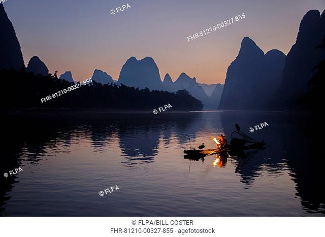 Traditional fisherman with trained cormorants, lighting lamp on bamboo raft at sunrise, on river in karst area, Li River, Guilin