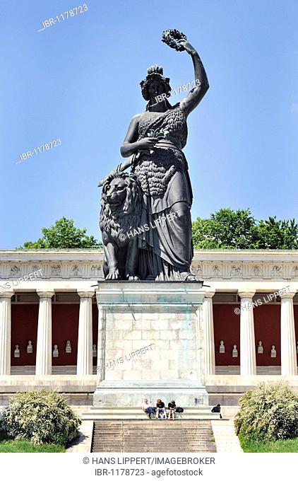 Bavaria statue with Hall of Fame at the Theresienhoehe in Munich, Upper Bavaria, Bavaria, Germany, Europe