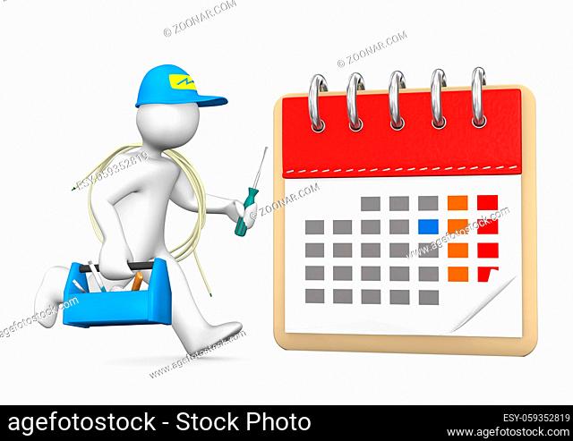 Running electrician with tools on the white with calendar