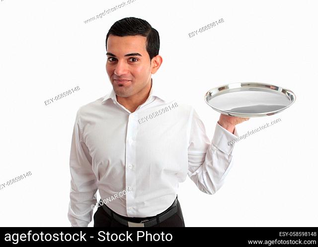 A waiter or bartender with an empty silver tray, ready for your product. White background
