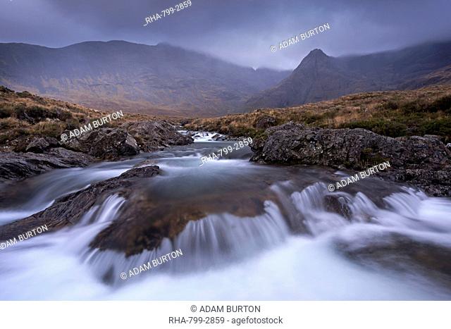 The Fairy Pools beneath the Cuillin Hills mountain range, Isle of Skye, Inner Hebrides, Scotland, United Kingdom, Europe