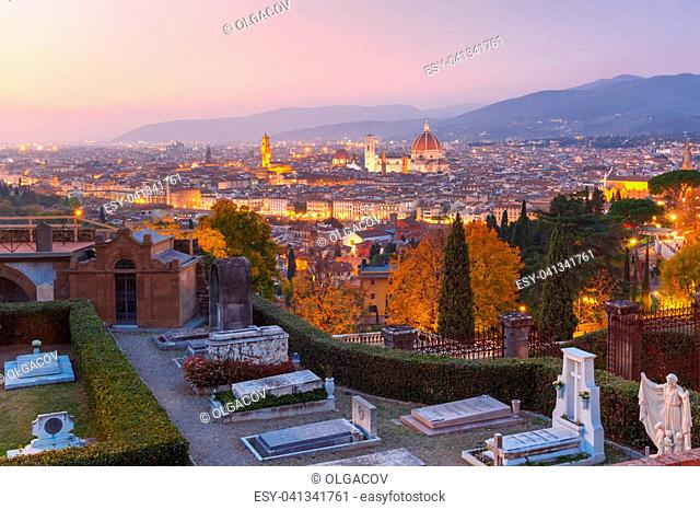 Duomo Santa Maria Del Fiore and tower of Palazzo Vecchio at beautiful sunset in Florence, Tuscany, Italy