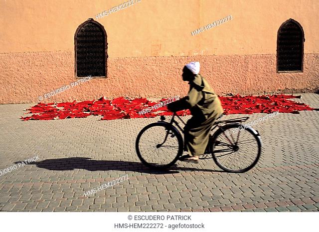 Morocco, Marrakech, a city Imperial tanned drying in front of the wall of the mosque Ali Ben Youssef listed as World Heritage by UNESCO and blur cyclist