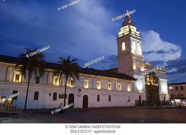 View to the Convent and Museum of Santo Domingo at the historic center by night, Quito, Ecuador, South America