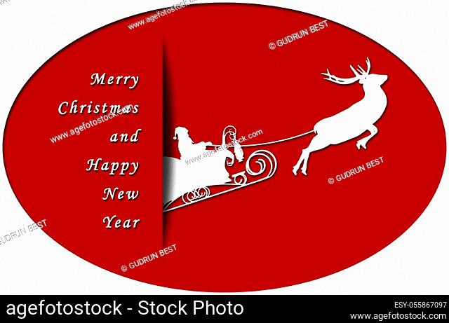 Red Christmas greeting card in sticker format - Merry Christmas and happy new year lettering - white reindeer, sleigh and santa - 3D illustration
