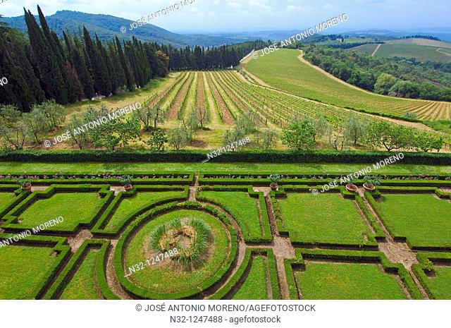 Chianti, Castello di Brolio, Brolio Castle gardens and vineyards, Ricasoli Vineyard, Siena Province, Tuscany, Italy