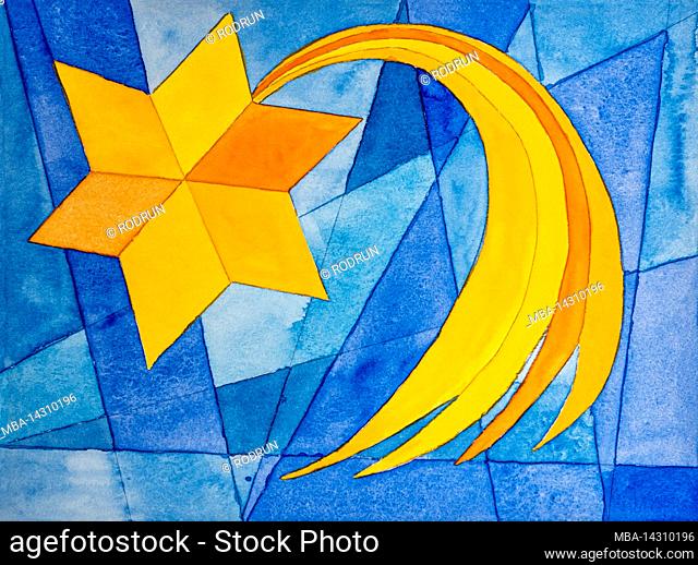 Watercolor by Heidrun Füssenhäuser tail star, poinsettia, yellow star, blue sky