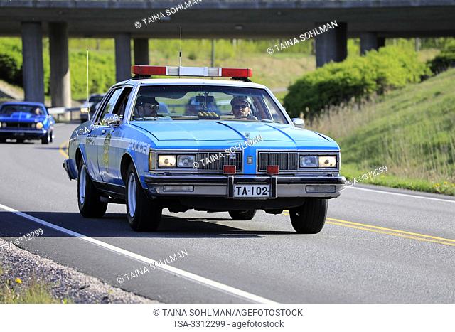 Salo, Finland. May 18, 2019. Classic Oldsmobile 88 NYPD Police car on Salon Maisema Cruising 2019. The popular annual event featured over 450 vehicles