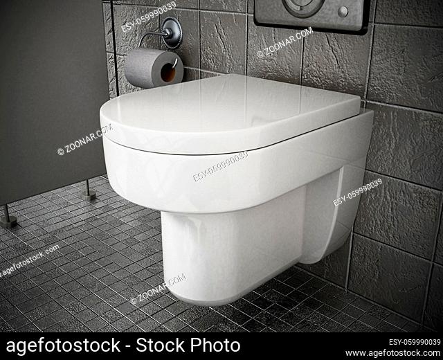 Modern toilet inside restroom covered with gray stones. 3D illustration