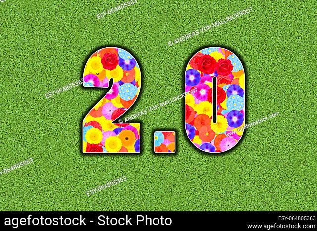 two point zero, 2. 0, next generation, as a graphic with colorful flowers on a green background. Illustration, symbolic for environmental protection