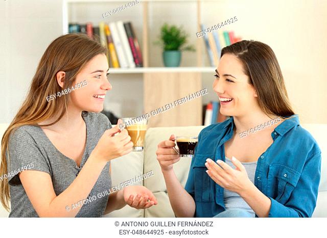 Two happy friends talking and drinking coffee sitting on a couch in the living room at home