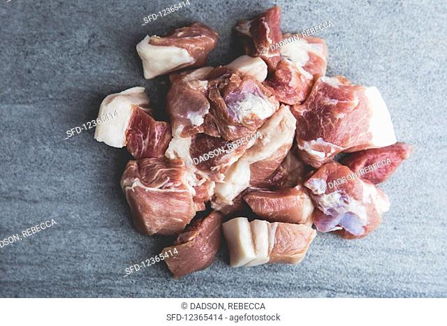 Raw organic pork meat for goulash (seen from above)