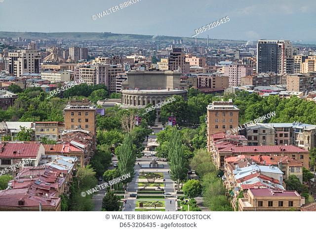 Armenia, Yerevan, The Cascade, high angle view of the city and Yerevan Opera Theater