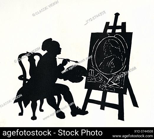 A paper cutting or silhouette of Hogarth painting Fielding. William Hogarth, 1697 â. “ 1764. English painter, printmaker, pictorial satirist, social critic
