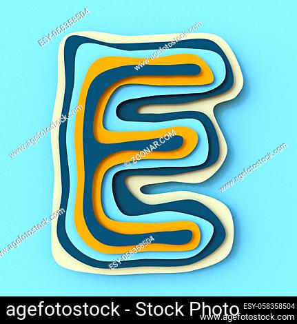 Colorful paper layers font Letter E 3D render illustration isolated on blue background