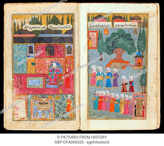 Turkey: Paintings from an illustrated manuscript depicting the military campaign in Hungary of Ottoman Sultan Mehmed III in 1596