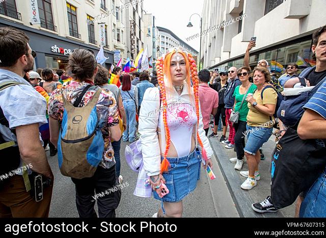 People take to the streets for the 'Brussels Pride', a manifestation of lesbian, gay, bisexual and transgender oriented people, Saturday 20 May 2023 in Brussels