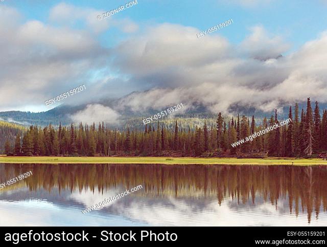 Serene beautiful lake in morning mountains, Oregon, USA