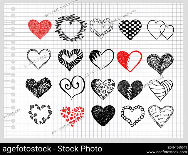 Set hearts drawn by hand on a sheet of paper into the cage