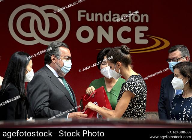 Madrid, Spain; 16.06.2021.- Queen Letizia and First Lady Kim Jung-Sook receive souvenirs from ONCE President Miguel Carballeda