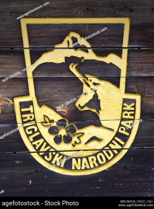 Wooden sign for the Triglav National Park, Slovenia