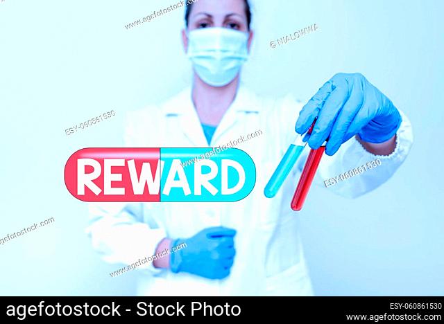 Text showing inspiration Reward, Conceptual photo Given in recognition of service effort achievement Prize Gift Studying New Cure For Infections Presenting...