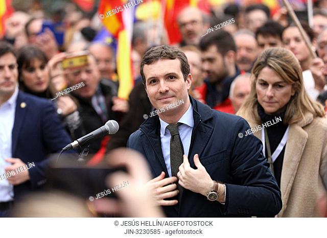 Pablo Casado, president of the party Partido Popular (PP) seen attending the manifestation of this Sunday called by PP and Ciudadanos has been held in the Plaza...
