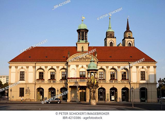 The Old Town Hall in the Old Market with the Magdeburg horseman statue, Magdeburg, Saxony-Anhalt, Germany