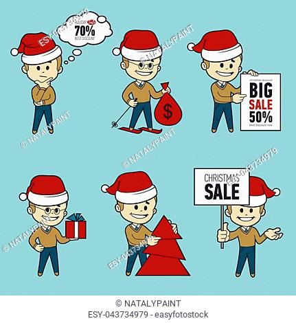 Set of Santa Claus men. Christmas sale. Big sale 50. Santa on skis. Santa with bag, Christmas tree, gifts and sale poster. Collection of Santa Claus