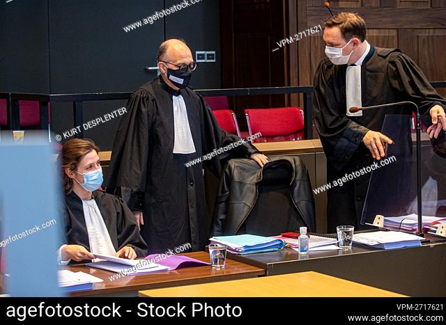Lawyer Lore Arnou, Lawyer Luc Arnou and Lawyer Filip De Reuse pictured during the start of the trial of Romanian national Alexandru Caliniuc for murder and rape...