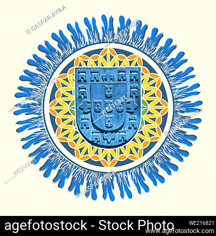 Digital artwork featuring the shield of Portugal during the 1385-1481 period