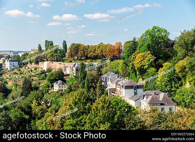 Residental area with houses in park landscape naer Kirchberg in Luxembourg city