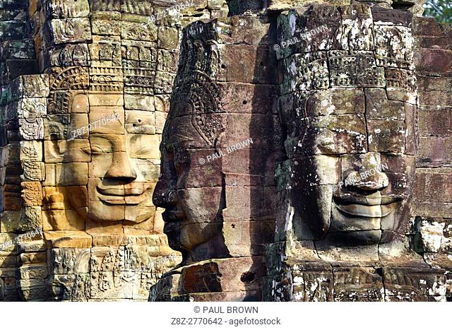 Stone face in the ruins of the Bayon Khmer Temple, Angkor Thom , Siem Reap, Cambodia