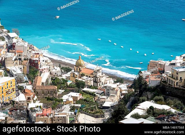 Cityscape of Positano at the Amalfi coast and the church Santa Maria Assunta, Southern Italy