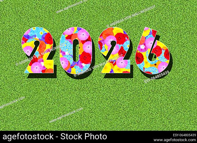 written number of the year 2026, with colorful flowers on a green meadow, graphic, writing