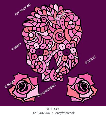 Day of The Dead or Halloween pink doodle skull with floral ornament and two roses over purple background