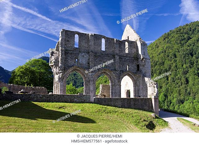 France, Haute Savoie, Chablais, Saint Jean d'Aulps, ruins of the Abbaye d'Aulps in the Dranse de Morzine