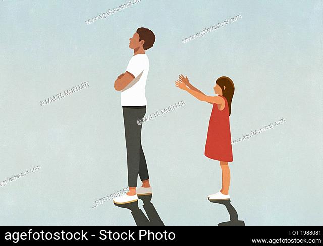 Father ignoring daughter with arms outstretched