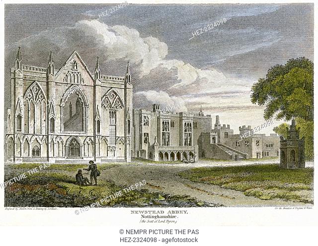 West aspect of Newstead Abbey, Nottinghamshire, 1813. The abbey was founded between 1163 and 1173 by Henry II as a priory of Augustinian Canons with the help of...
